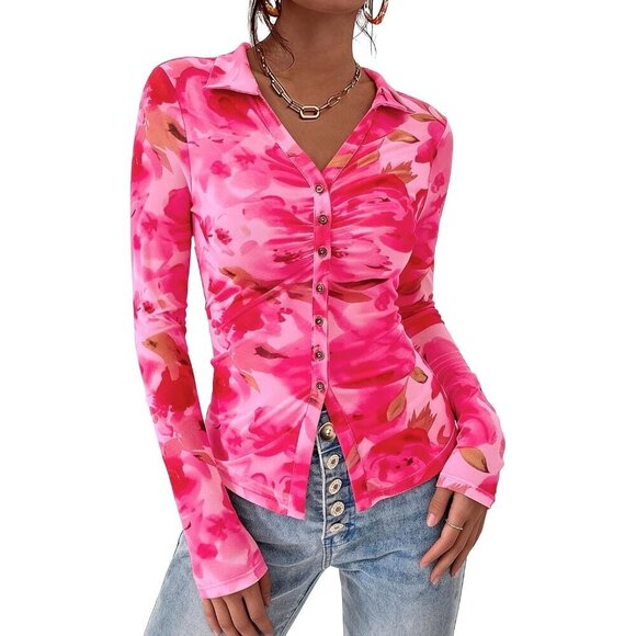 Tops - Women Floral Pink Button Down Floral Shirt Trendy Long Sleeve V Neck Blouse Tops